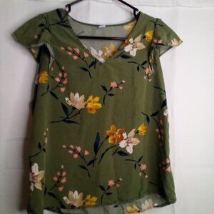 Old Navy Shirt Blouse Women S Short Sleeve Tropical Floral Green